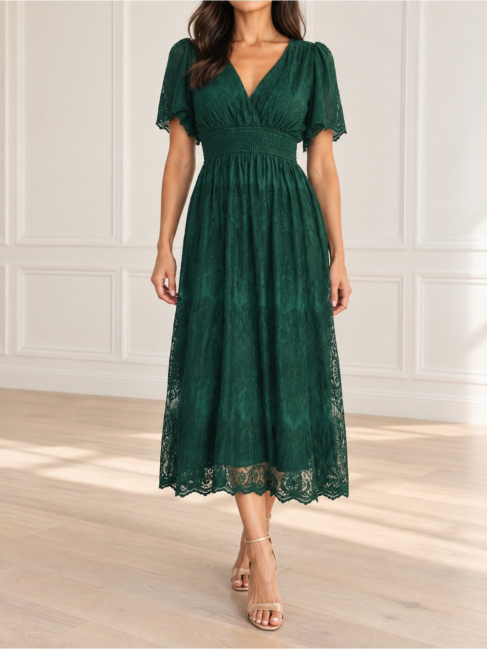 NWT Baltic Born Milena Midi Dress Medium Green Lace Smocked Waist Flutter Sleeve